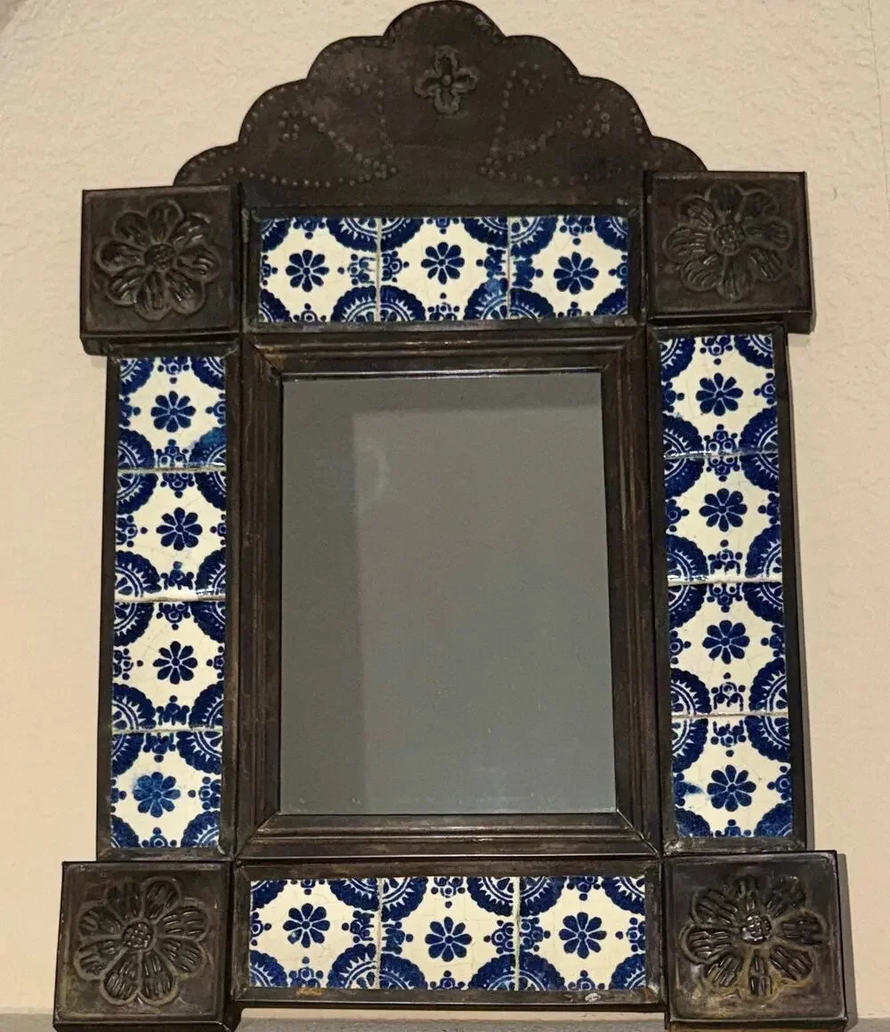 Vintage Mexican Talavera Tile Tin Wall Mirror Blue White Folk Art 20 x 12